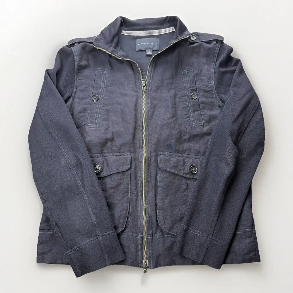 Banana Republic Mens Navy Blue Mixed Media Military‎ Utility Zip Jacket Medium